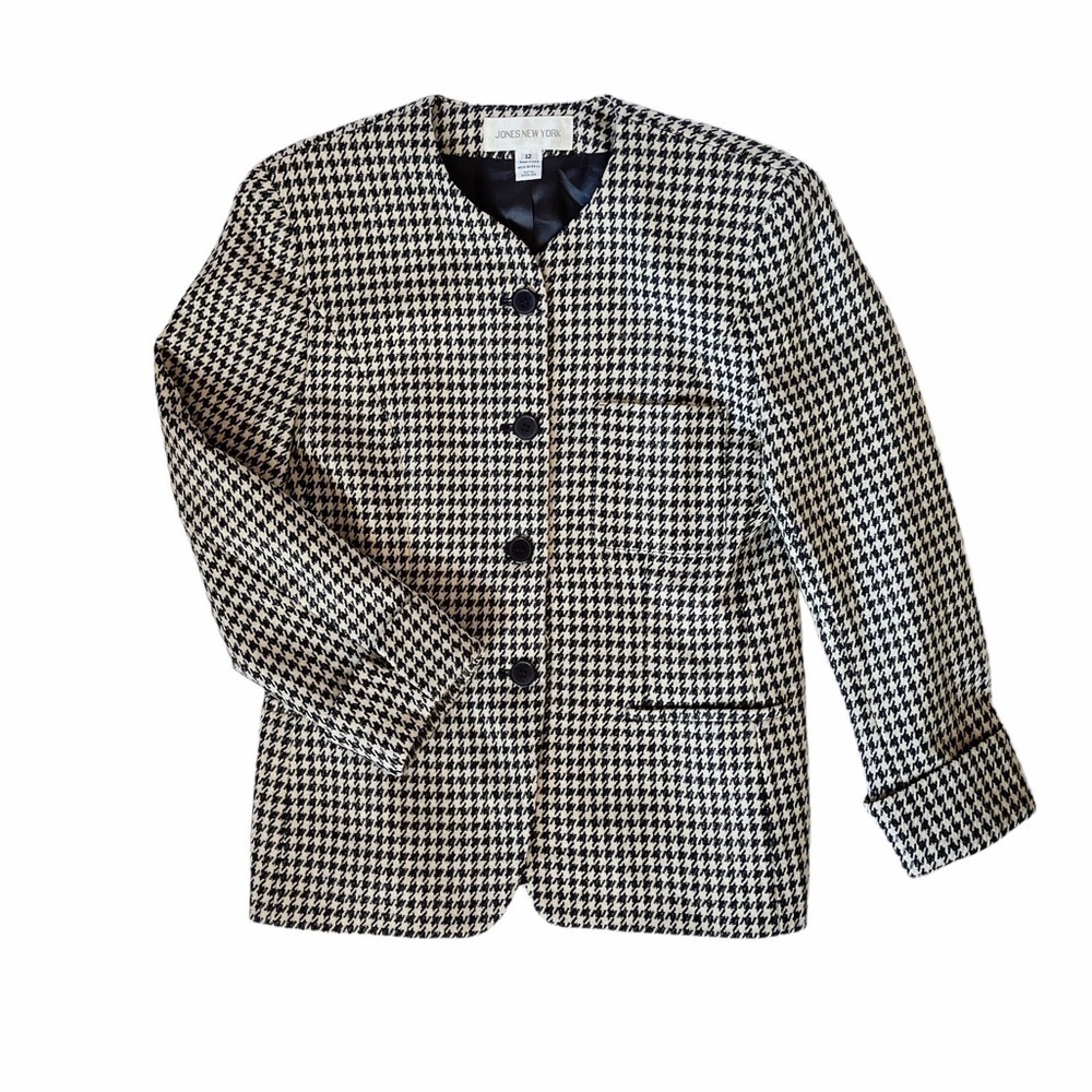 Vintage Jones New York black and cream houndstooth tweed collarless wool blazer